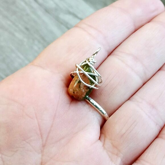 Dainty Unakite Crystal Pendant, Silver Wire Wrapped, 3/4" Minimalist - Picture 3 of 3
